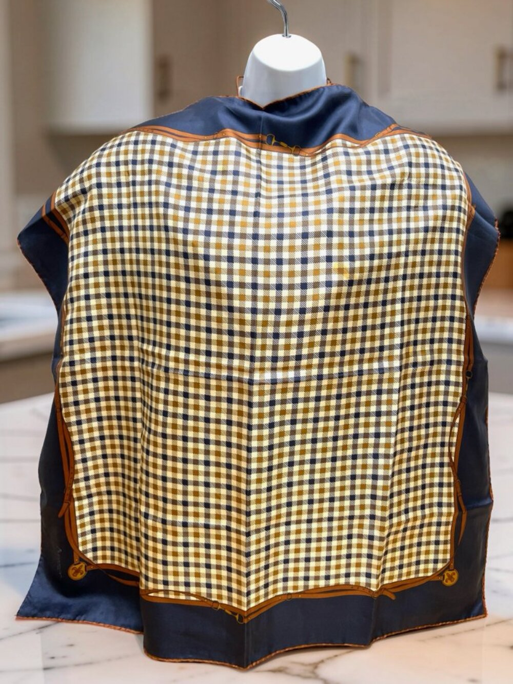 100% Silk 30" AQUASCUTUM of London Scarf Navy Brown Beige Check Italy Made (24